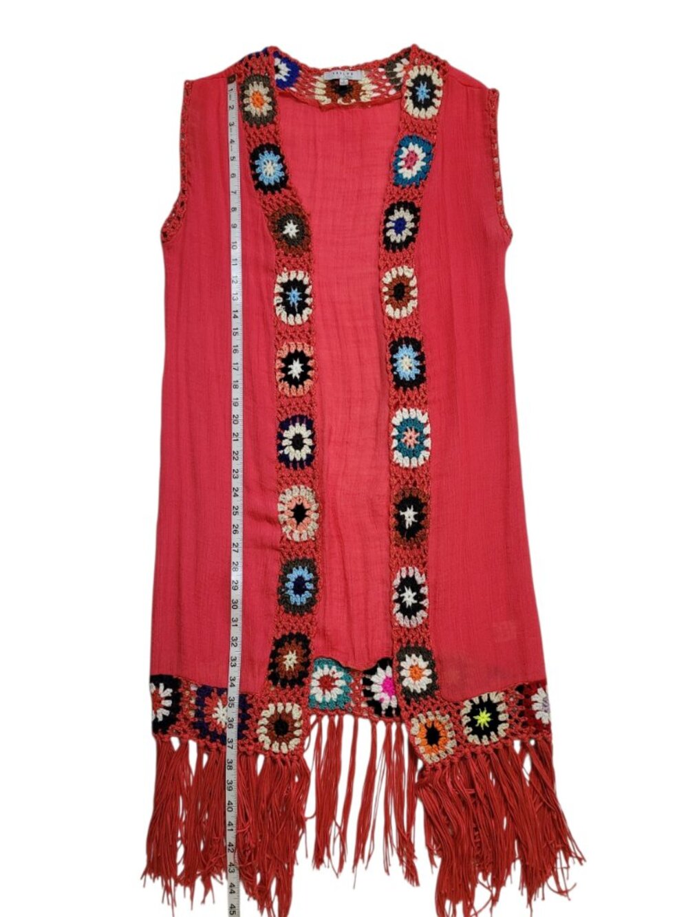 Favlux Crochet Trim Sleeveless Long Cardigan Fringe Vest Coral Festival Boho - Picture 3 of 8